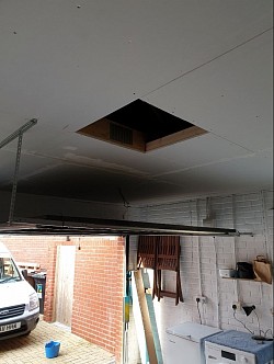 Double garage ceiling boarded